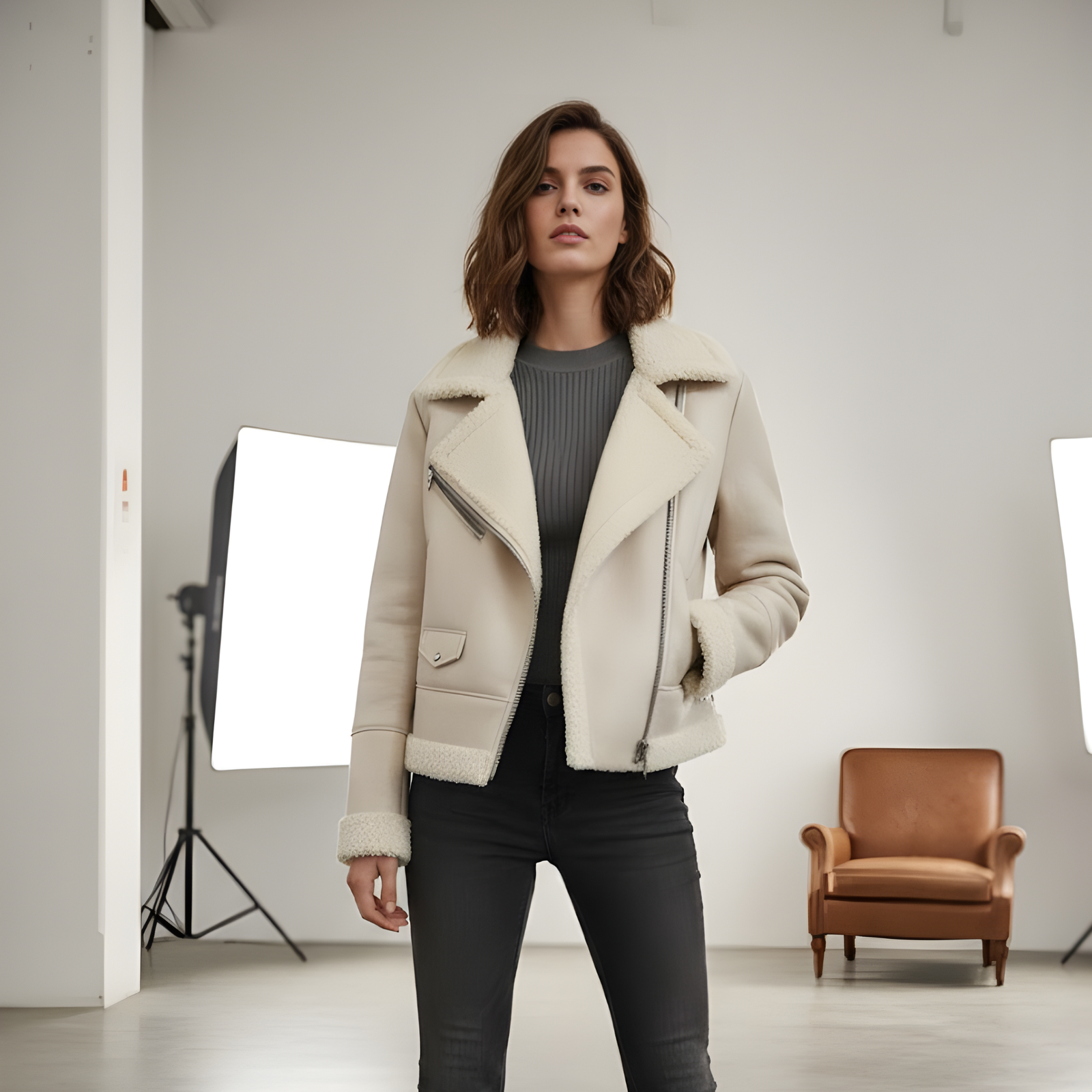 Blouson Aviateur "Elysée" – Beige Crème & Doublure Sherpa