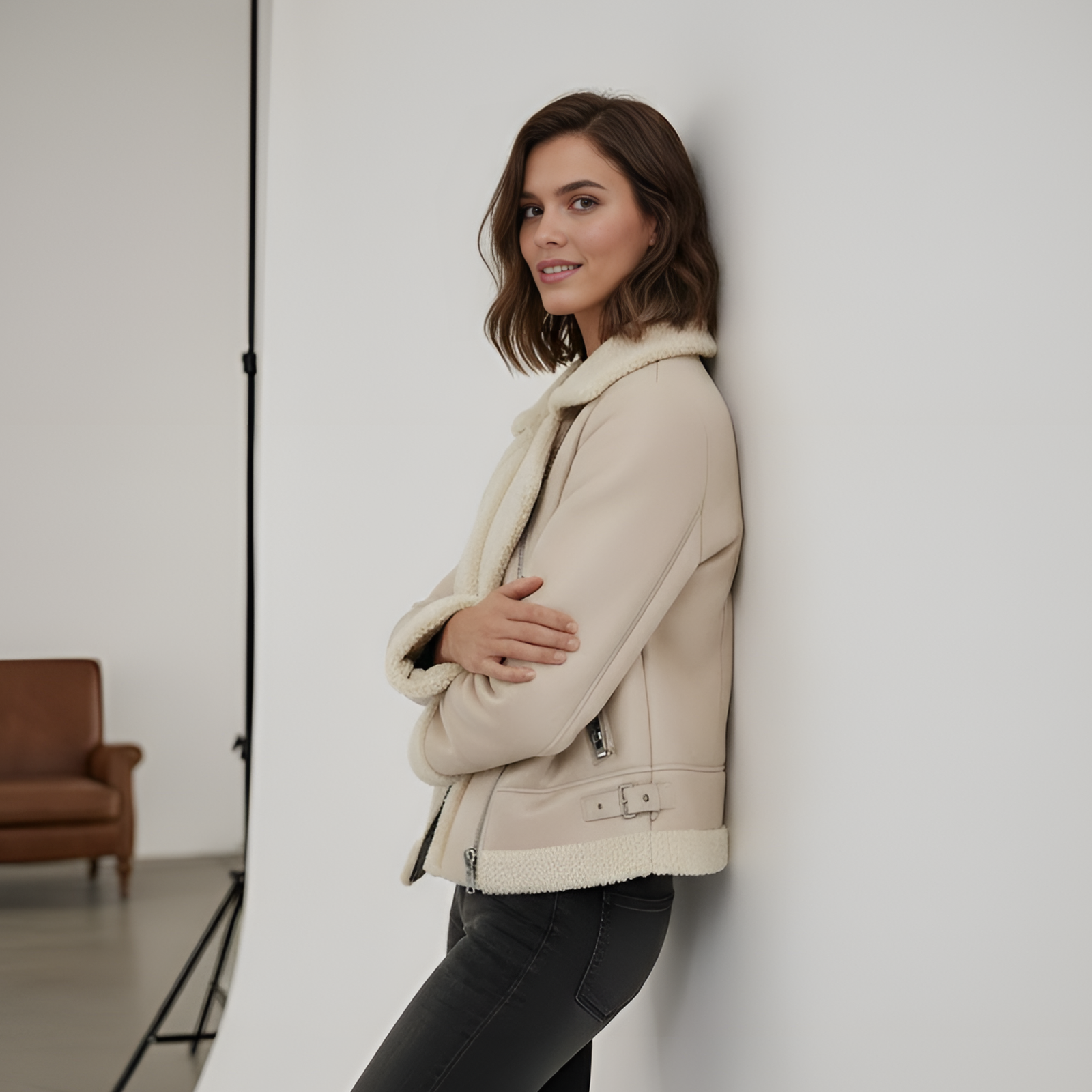Blouson Aviateur "Elysée" – Beige Crème & Doublure Sherpa