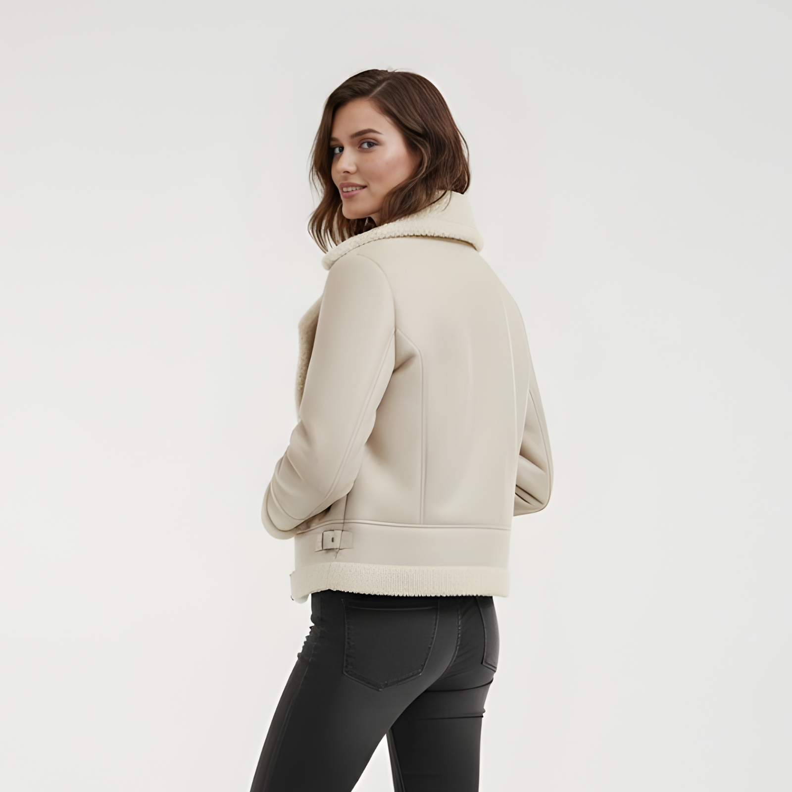 Blouson Aviateur "Elysée" – Beige Crème & Doublure Sherpa